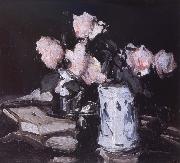 Samuel John Peploe Roses in a Blue and White Vase,Black Background oil on canvas